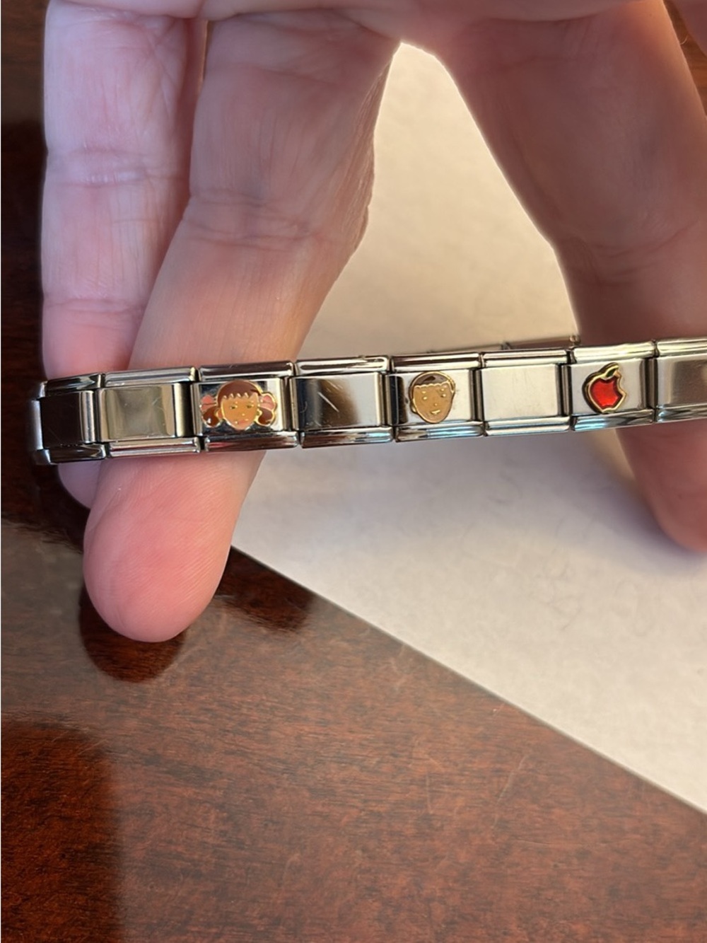 Stainless Steel Charm Link Bracelet with Red and Gold Accents